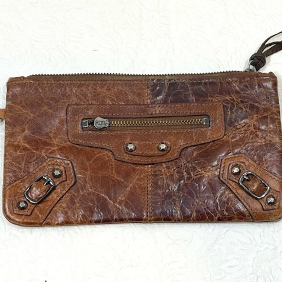 VTG Brown Distressed Leather Zip Studded Accents Pouch Wallet 7.5"x4.25" - Picture 1 of 15